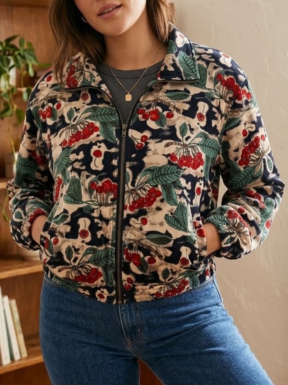 VTG 80s EVR Rousso Silk Cherry Bomber Jacket Fruit Print Rare Statement S M